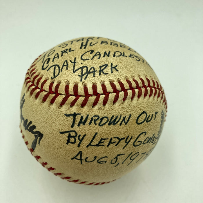 Lefty Gomez Signed First Pitch Thrown Game Used Baseball Carl Hubbell Day JSA