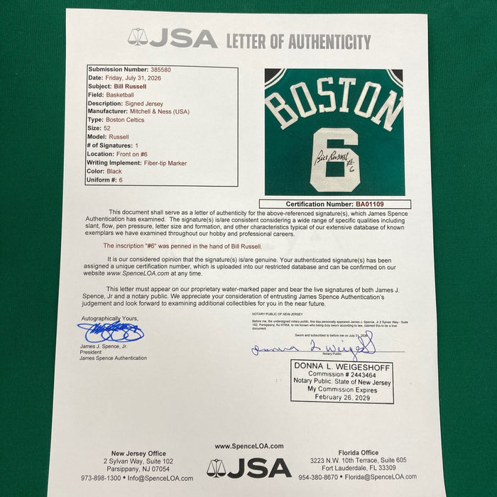 Bill Russell #6 Signed Mitchell & Ness 1962-63 Boston Celtics Jersey JSA COA