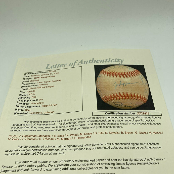1998 Chicago Cubs Team Signed Baseball Sammy Sosa 66 Home Run Season JSA COA