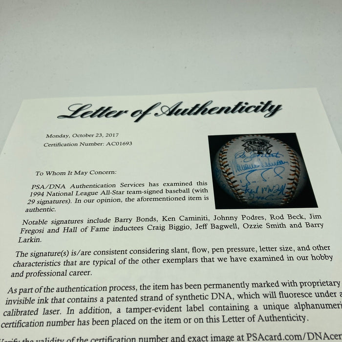 1994 All Star Game National League Team Signed Baseball Barry Bonds PSA DNA COA