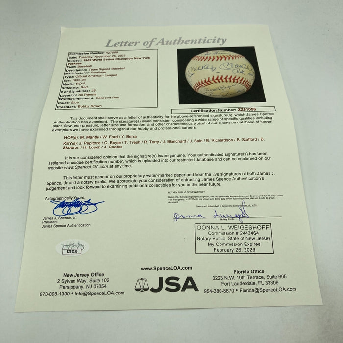 1962 New York Yankees W.S. Champs Team Signed Baseball Mickey Mantle JSA COA