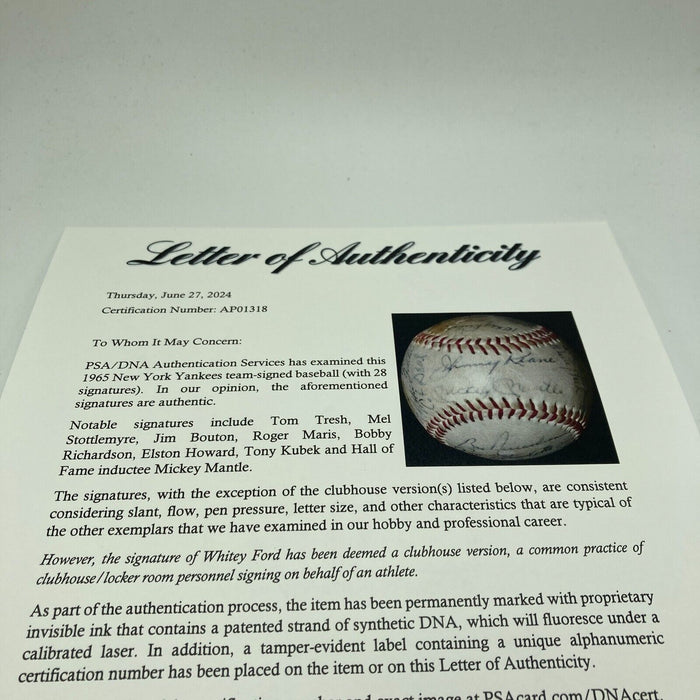 1965 New York Yankees Team Signed Baseball AL Baseball Mickey Mantle PSA DNA COA