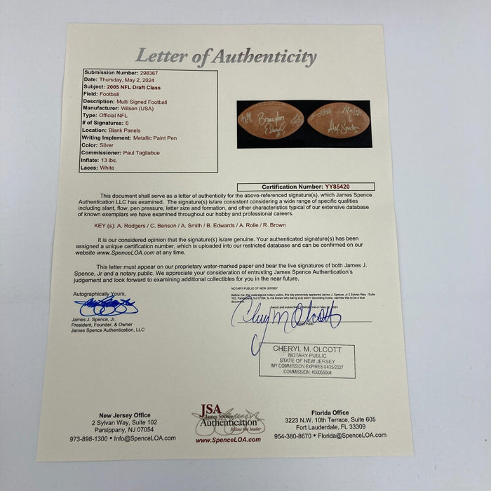 Aaron Rodgers Rookie 2005 Draft Class Signed NFL Wilson Football JSA COA