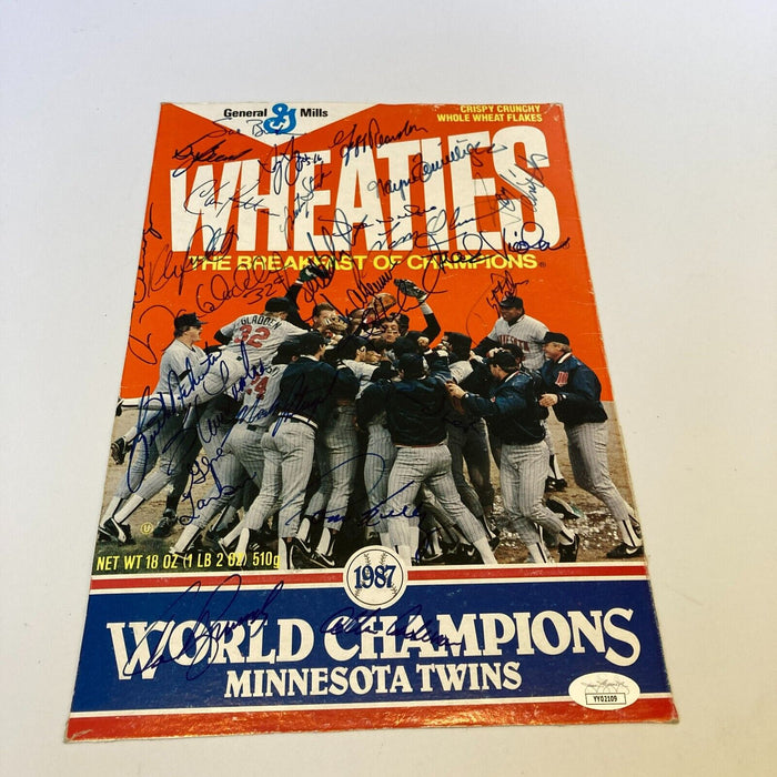 1987 Minnesota Twins World Series Champs Team Signed Wheaties Box With JSA COA