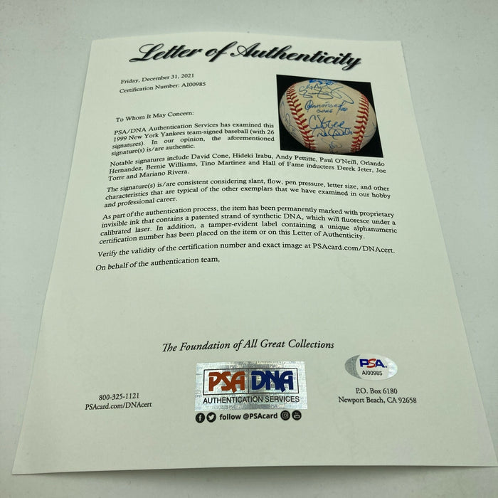 1999 New York Yankees World Series Champs Team Signed Baseball Derek Jeter PSA