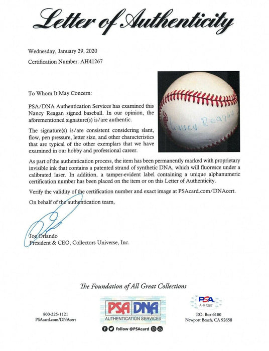 Nancy Reagan Signed 1988 World Series Baseball President Ronald Reagan Wife PSA