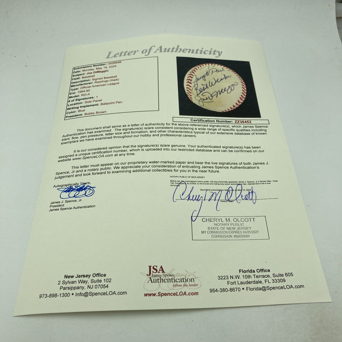 Joe Dimaggio "Joseph Paul" Signed Official American League Baseball JSA COA
