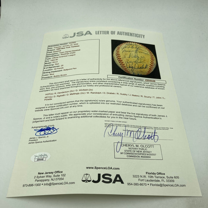 1986 New York Yankees Team Signed Baseball 29 Sigs Don Mattingly JSA COA