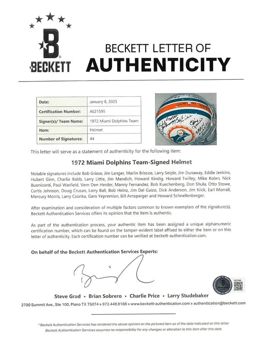 1972 Miami Dolphins Super Bowl Champs Team Signed Authentic Helmet Beckett COA