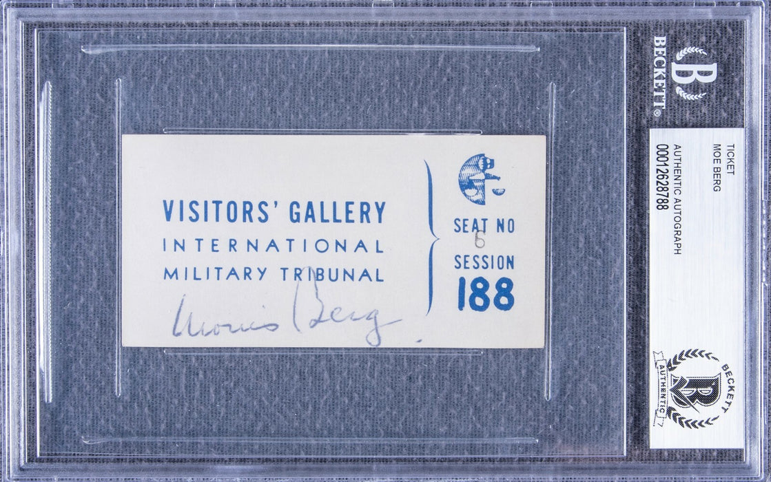 Moe Berg Signed 1946 WW2 Nazi Nuremberg Trials Ticket Beckett Catcher Was A Spy