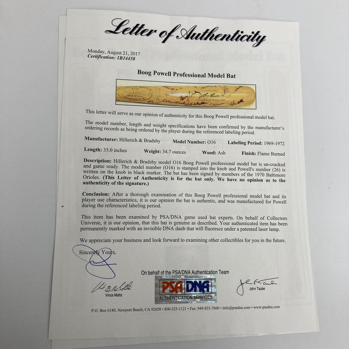 1970 Baltimore Orioles World Series Champs Team Signed Baseball Bat PSA DNA JSA