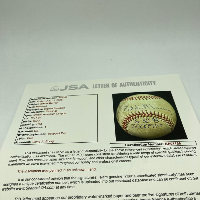 Eddie Murray 3,000th Hit Signed Game Used Baseball June 30, 1995 JSA COA