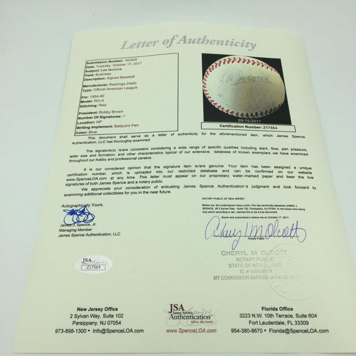 Rare Lee Iacocca Single Signed Autographed American League Baseball JSA COA