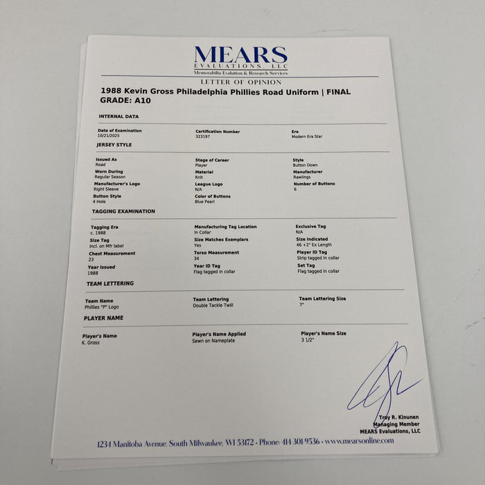 Kevin Gross Game Used Philadelphia Phillies Jersey Uniform MEARS A10