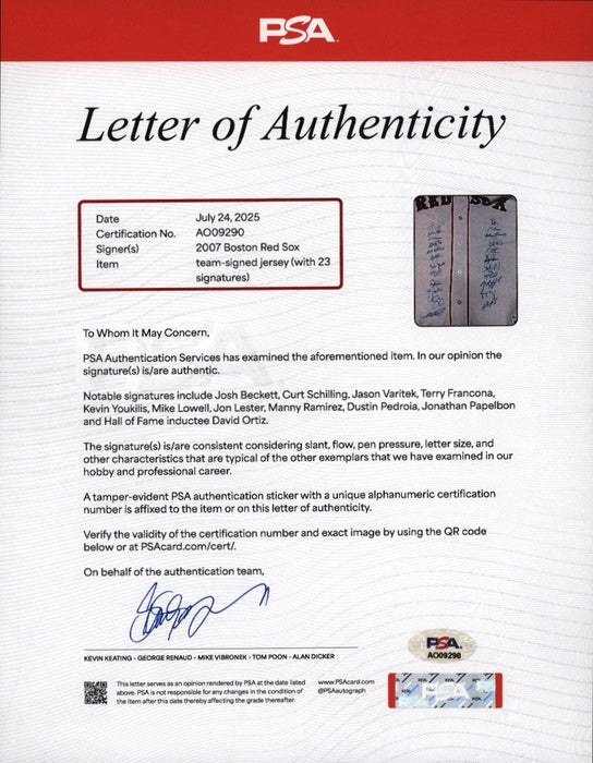 2007 Boston Red Sox Team World Series Champs Signed World Series Jersey PSA DNA
