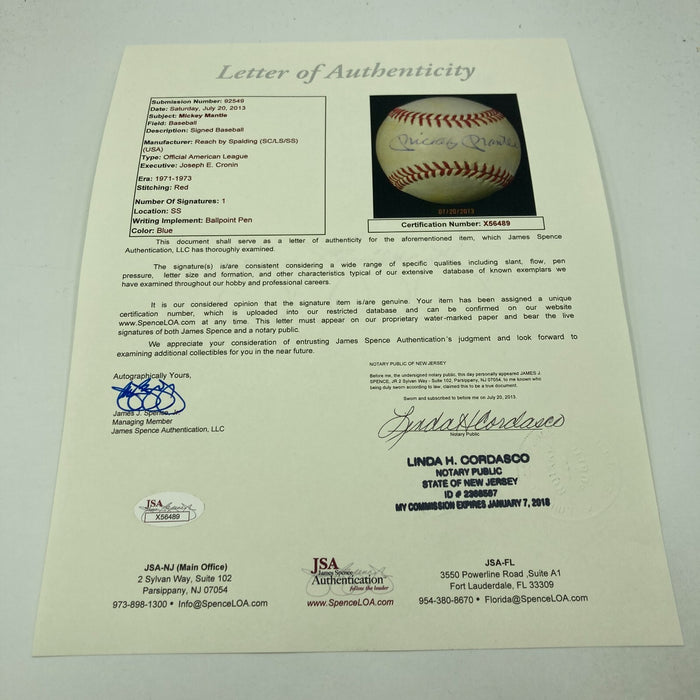 Mickey Mantle Signed Vintage American League Joe Cronin Baseball JSA COA