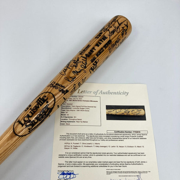 1991 Minnesota Twins World Series Champs Team Signed W.S. Game Issued Bat JSA