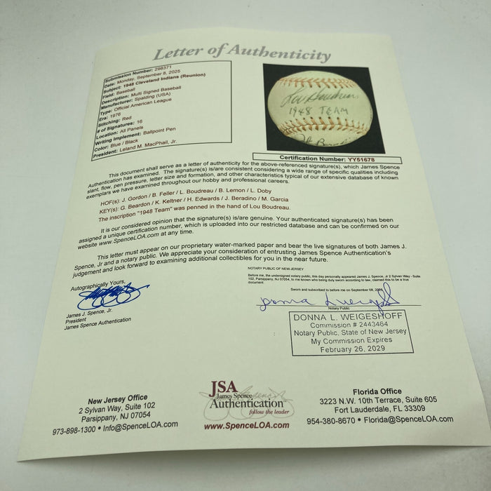 1948 Cleveland Indians World Series Champs Team Signed Baseball JSA COA