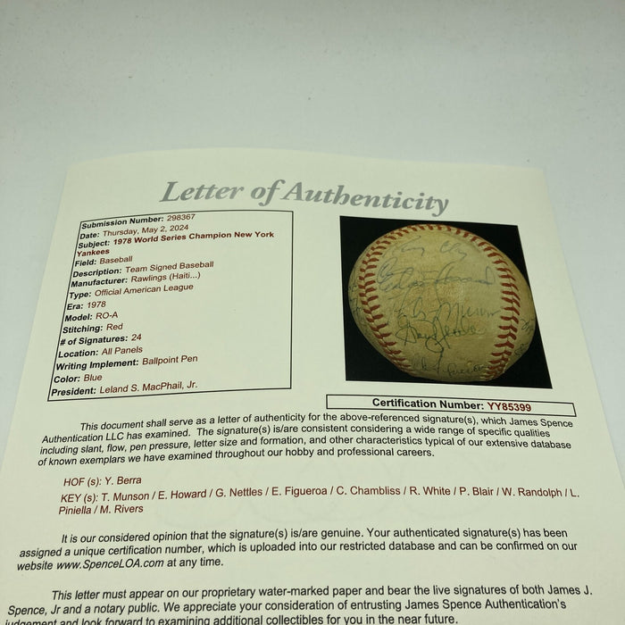 1978 New York Yankees World Series Champs Team Signed Baseball With Munson JSA