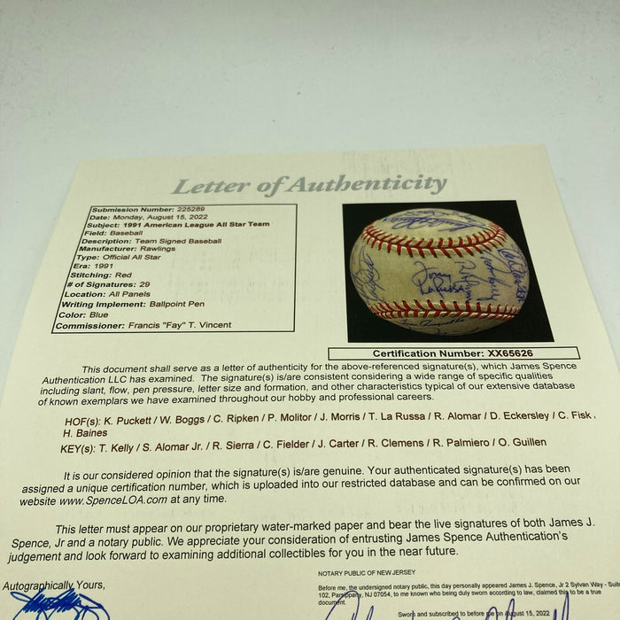 1991 All Star Game Team Signed Baseball Cal Ripken Jr. Kirby Puckett JSA COA