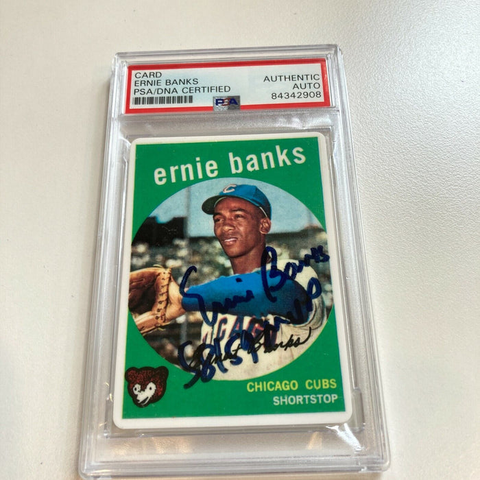 1959 Topps Ernie Banks 1958 & 1959 MVP Signed Porcelain Baseball Card PSA DNA
