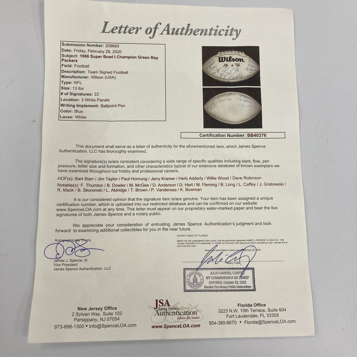 1966 Green Bay Packers Super Bowl 1 Champs Team Signed Football JSA COA