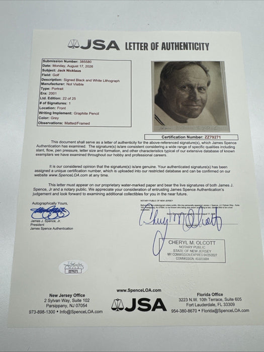 Jack Nicklaus Signed 2002 The ESPY Collection #22/25 Original Photo JSA COA