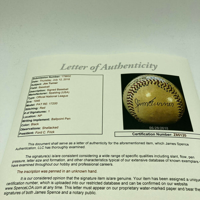 Jim Turner Single Signed 1937 Game Used Baseball New York Yankees JSA COA RARE