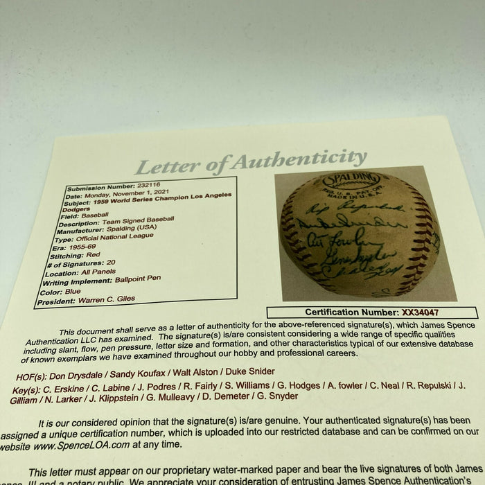 1959 Los Angeles Dodgers World Series Champs Team Signed Baseball Koufax JSA COA