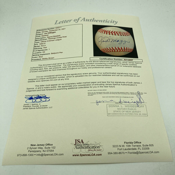 Beautiful Joe Dimaggio Signed Autographed American League Baseball With JSA COA