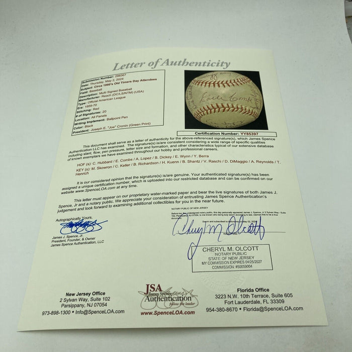 Earle Combs Sweet Spot Hall Of Fame Multi Signed American League Baseball JSA