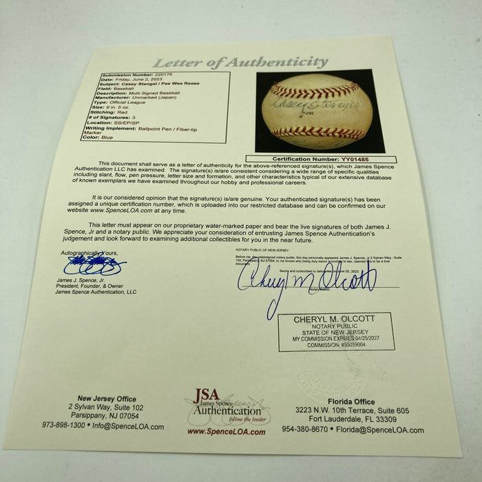 Casey Stengel Signed Baseball With JSA COA