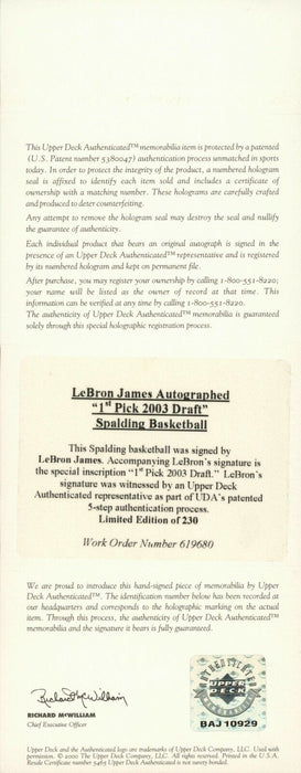 LeBron James "1st Pick 2003 Draft" Rookie Signed Basketball UDA Upper Deck COA
