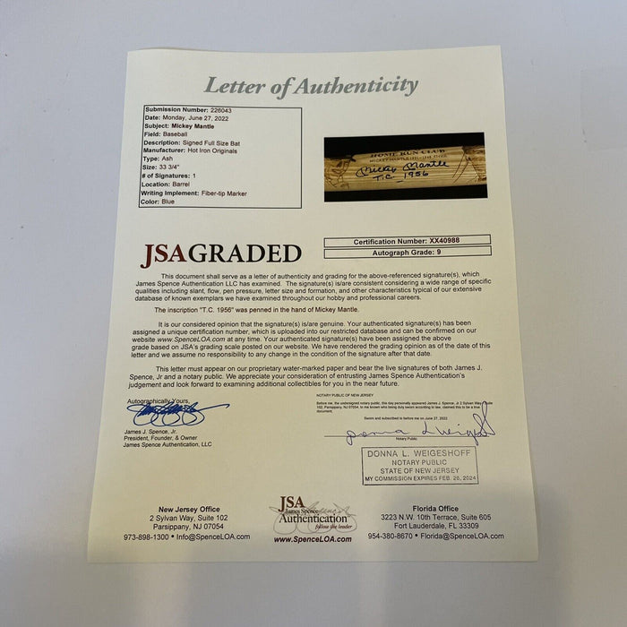 Stunning Mickey Mantle "Triple Crown 1956" Signed Baseball Bat JSA Graded MINT 9