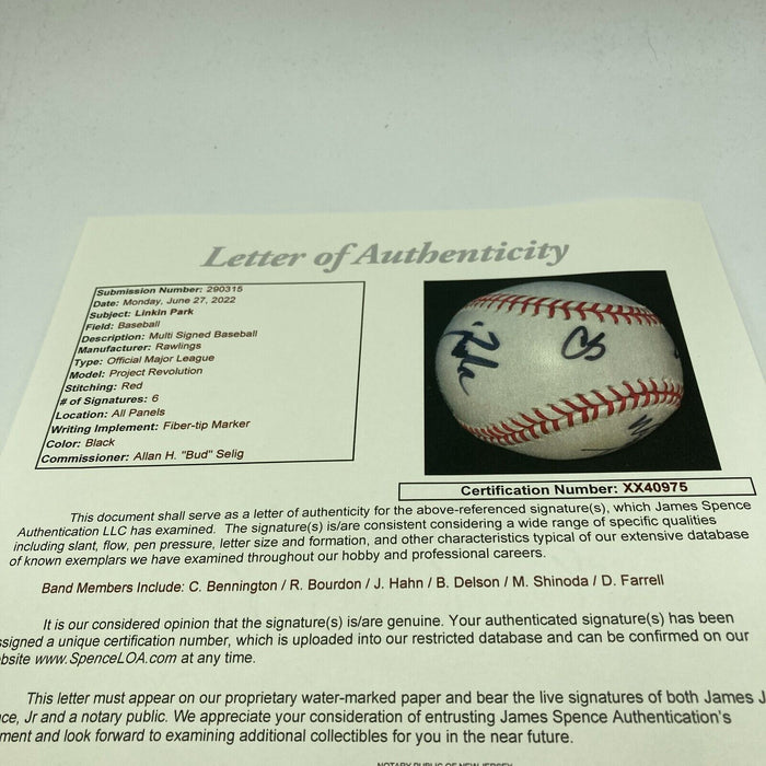 Linkin Park Band Signed Baseball 6 Signatures With Chester Bennington JSA COA