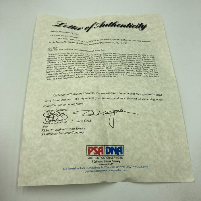 Nolan Ryan Rookie 1966 New York Mets Team Signed Baseball JSA & PSA DNA COA