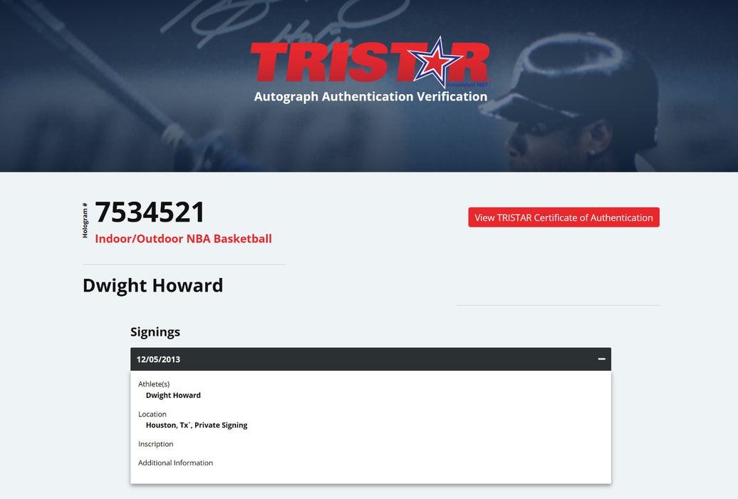Dwight Howard Signed Spalding NBA Basketball Tristar Authenticated Hologram