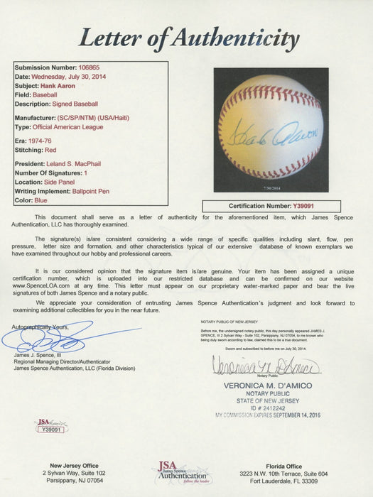 Beautiful Hank Aaron Signed 1974 American League Macphail Baseball JSA COA
