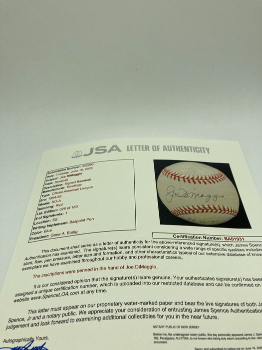 Joe Dimaggio Signed Heavily Inscribed STAT Baseball JSA COA