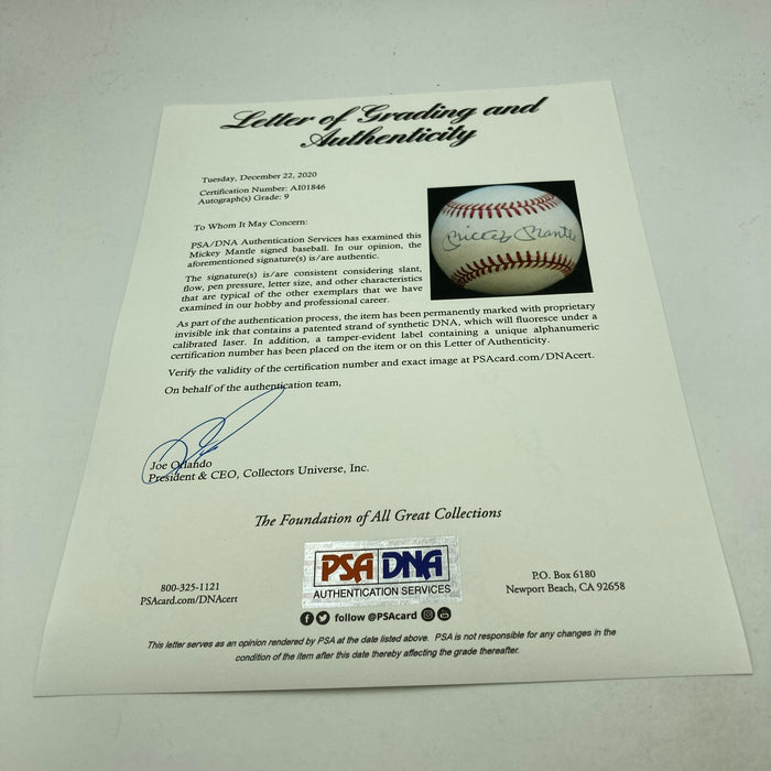 Mickey Mantle Signed American League Baseball PSA DNA Graded MINT 9
