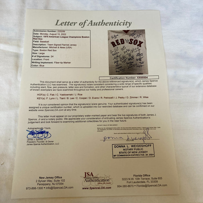 1975 Boston Red Sox AL Champs Team Signed Game Model Jersey Carl Yastrzemski JSA