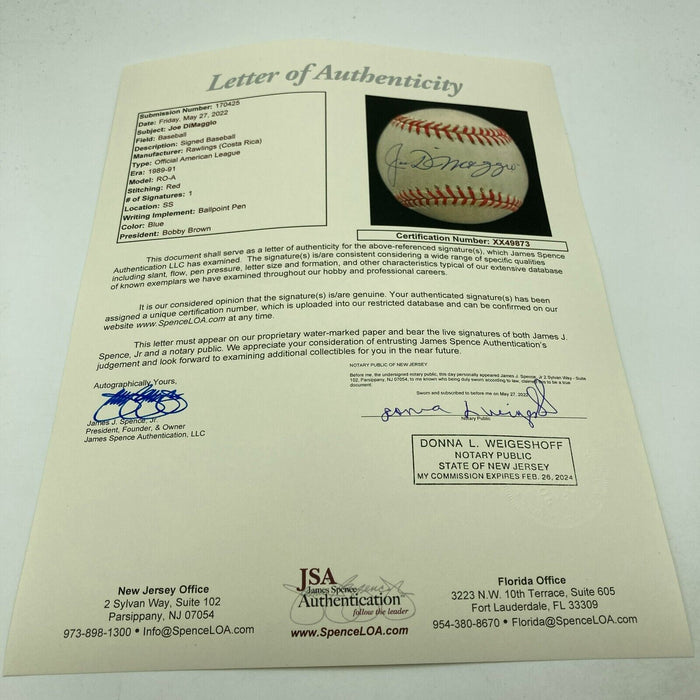 Beautiful Joe Dimaggio Signed Official American League Baseball JSA COA