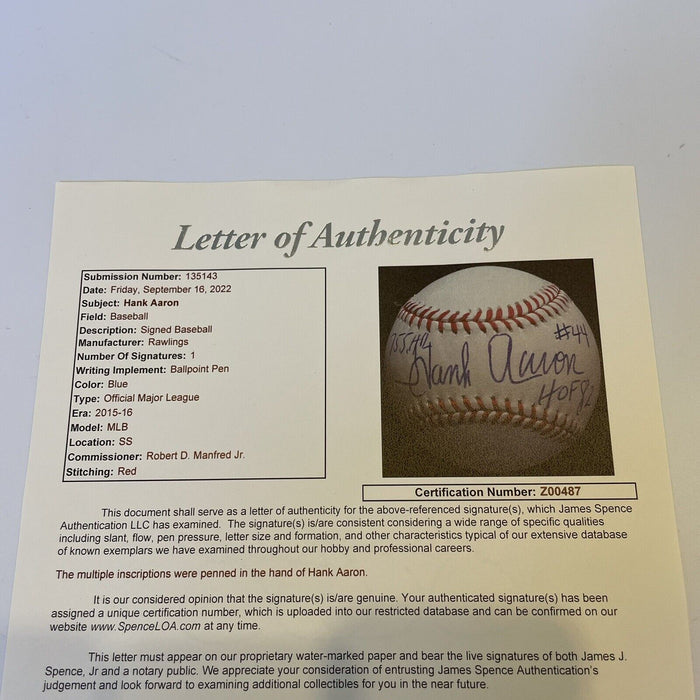 Incredible Hank Aaron Signed Heavily Inscribed STAT Baseball JSA