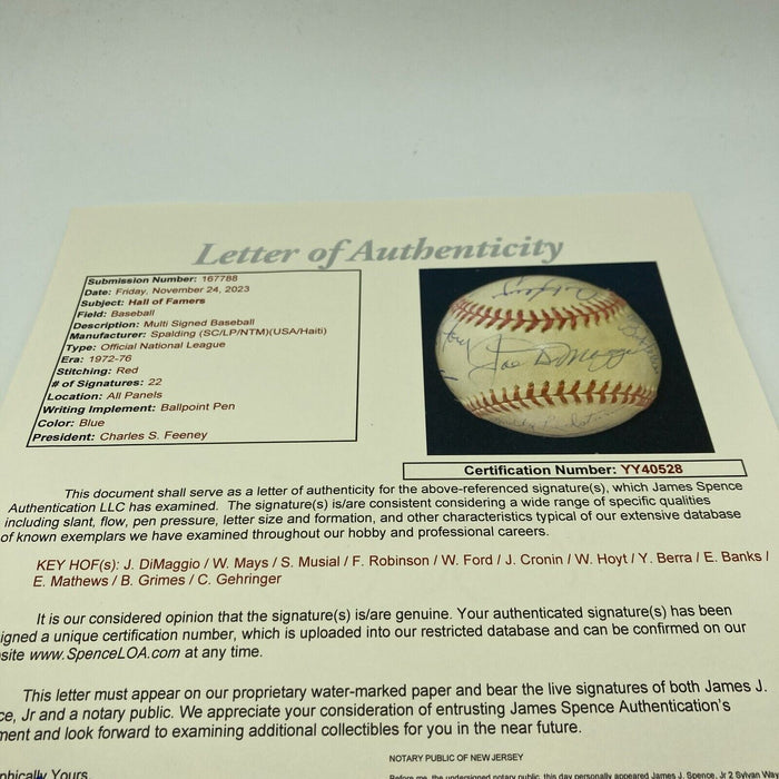 Joe Dimaggio Willie Mays 1970's Hall Of Fame Induction Multi Signed Baseball JSA