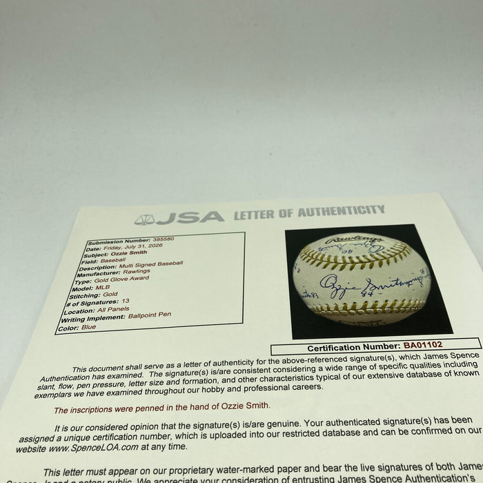 Incredible Ozzie Smith Gold Glove Signed Inscribed Baseball 13 Signatures! JSA