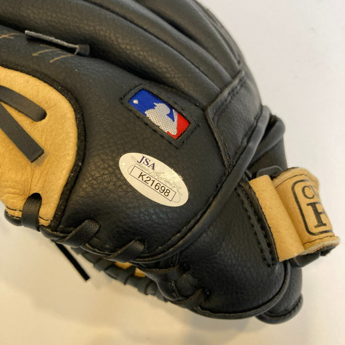 Ernie Banks Signed Heavily Inscribed Career STAT Baseball Glove JSA COA