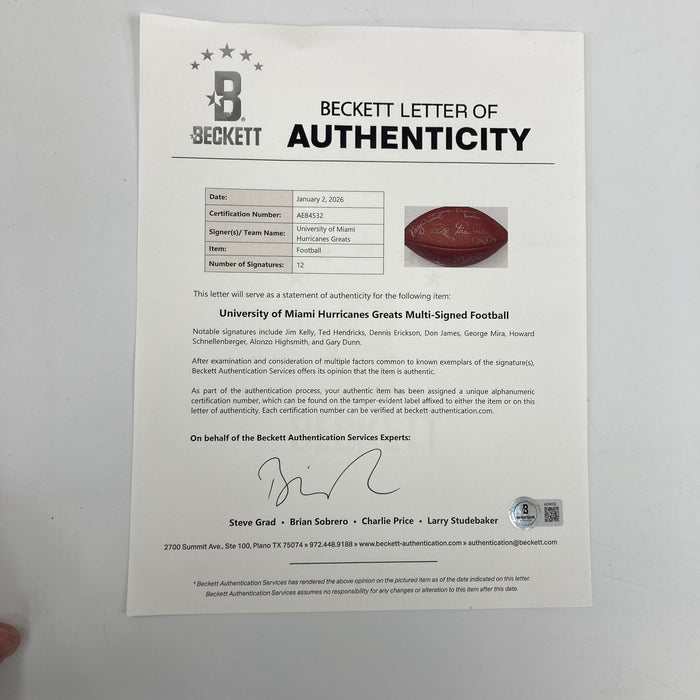 University Of Miami Hurricanes Legends Multi Signed Football Beckett COA
