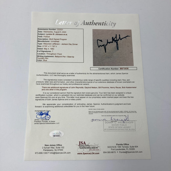 President Lyndon B. Johnson Signed 1963 Program Photo JSA COA