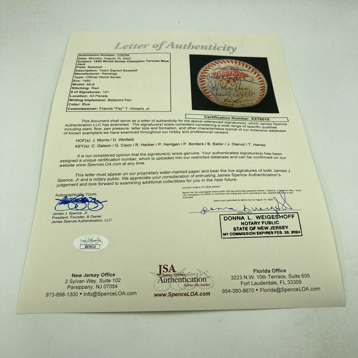 1992 Toronto Blue Jays World Series Champs Team Signed W.S. Baseball JSA COA