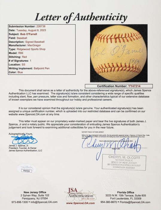 Bob O'Farrell Single Signed Baseball 1926 St. Louis Cardinals W.S. Champ JSA